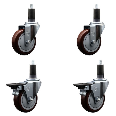 Service Caster 4'' Maroon Poly Wheel Swivel 1-1/4'' Expanding Stem Caster Set 2 Brakes, 4PK SCC-EX20S414-PPUB-MRN-2-PLB-2-114